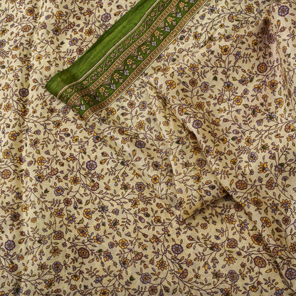 Sanskriti Vintage Saree Cream Soft Pure Silk Kalamkari Printed Sari 6+Yd Fabric