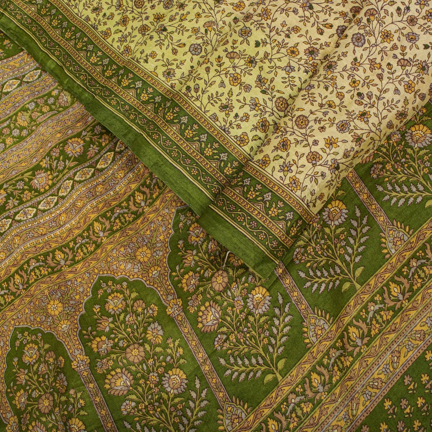 Sanskriti Vintage Saree Cream Soft Pure Silk Kalamkari Printed Sari 6+Yd Fabric