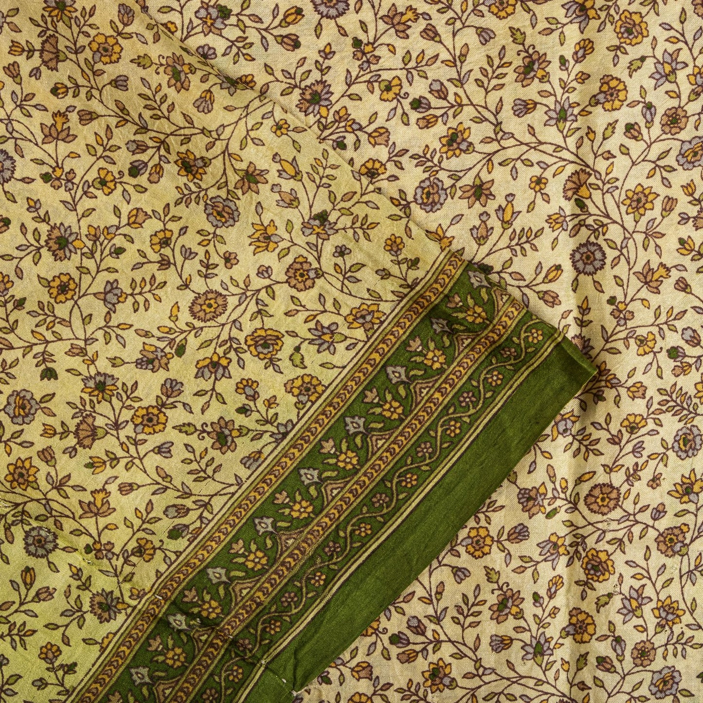 Sanskriti Vintage Saree Cream Soft Pure Silk Kalamkari Printed Sari 6+Yd Fabric