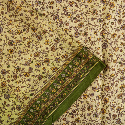 Sanskriti Vintage Saree Cream Soft Pure Silk Kalamkari Printed Sari 6+Yd Fabric
