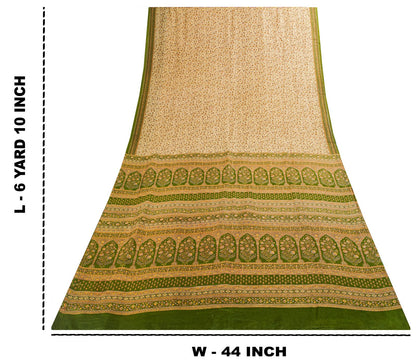 Sanskriti Vintage Saree Cream Soft Pure Silk Kalamkari Printed Sari 6+Yd Fabric