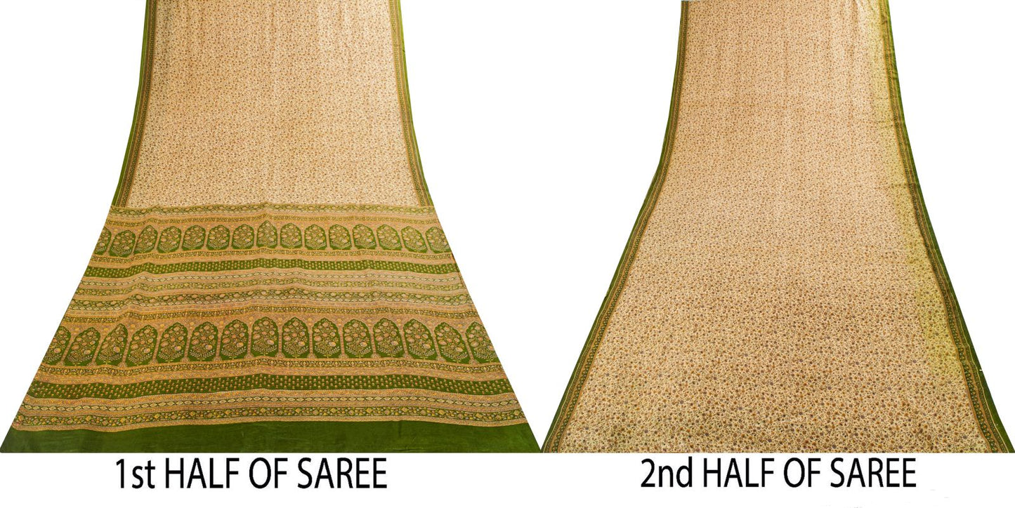 Sanskriti Vintage Saree Cream Soft Pure Silk Kalamkari Printed Sari 6+Yd Fabric