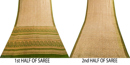 Sanskriti Vintage Saree Cream Soft Pure Silk Kalamkari Printed Sari 6+Yd Fabric