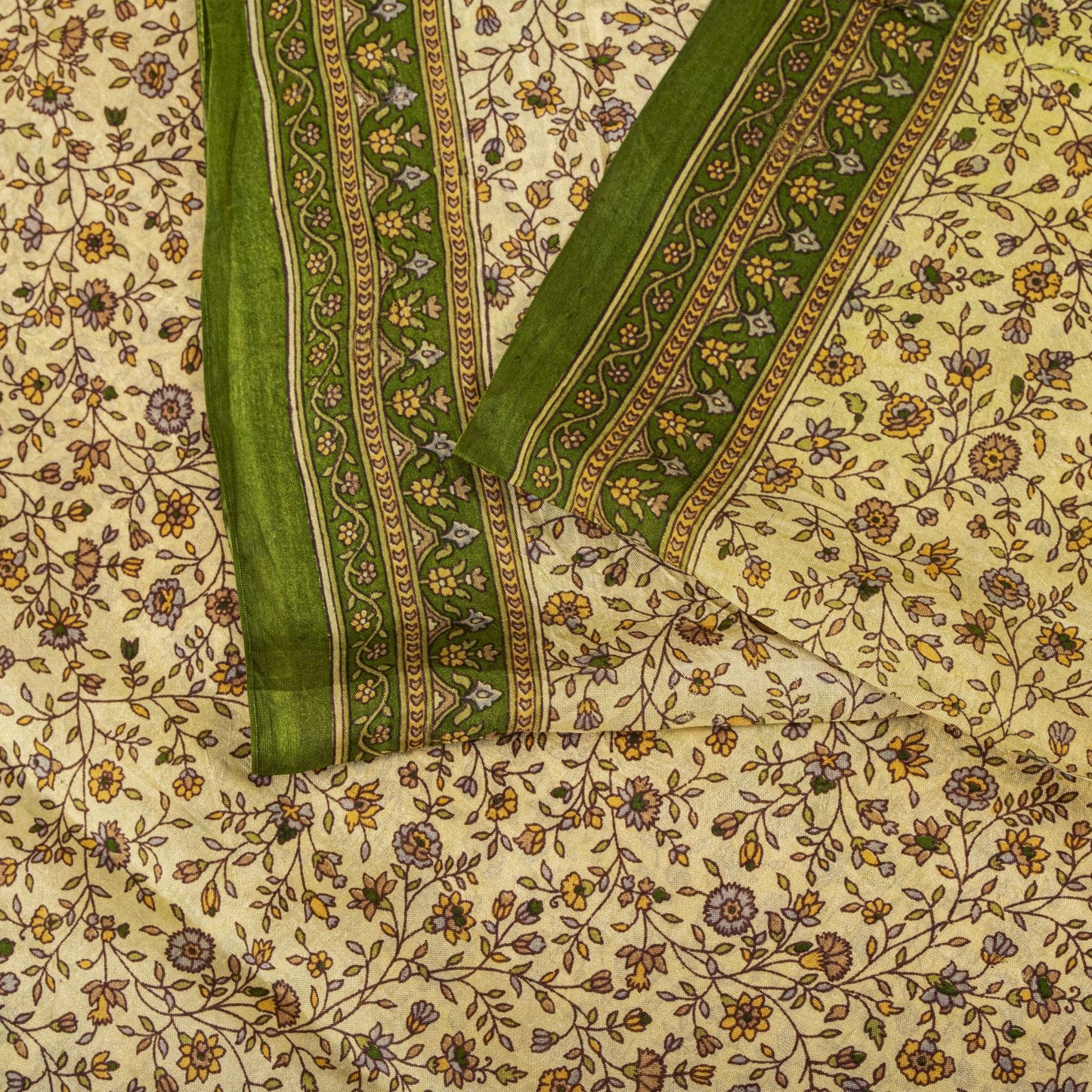 Sanskriti Vintage Saree Cream Soft Pure Silk Kalamkari Printed Sari 6+Yd Fabric
