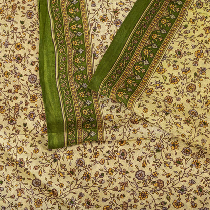 Sanskriti Vintage Saree Cream Soft Pure Silk Kalamkari Printed Sari 6+Yd Fabric