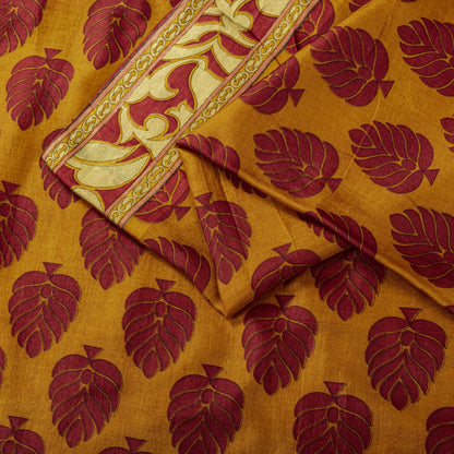 Sanskriti Vintage Saree Yellow Soft Pure Silk Block Printed Sari 5.5+Yd Fabric