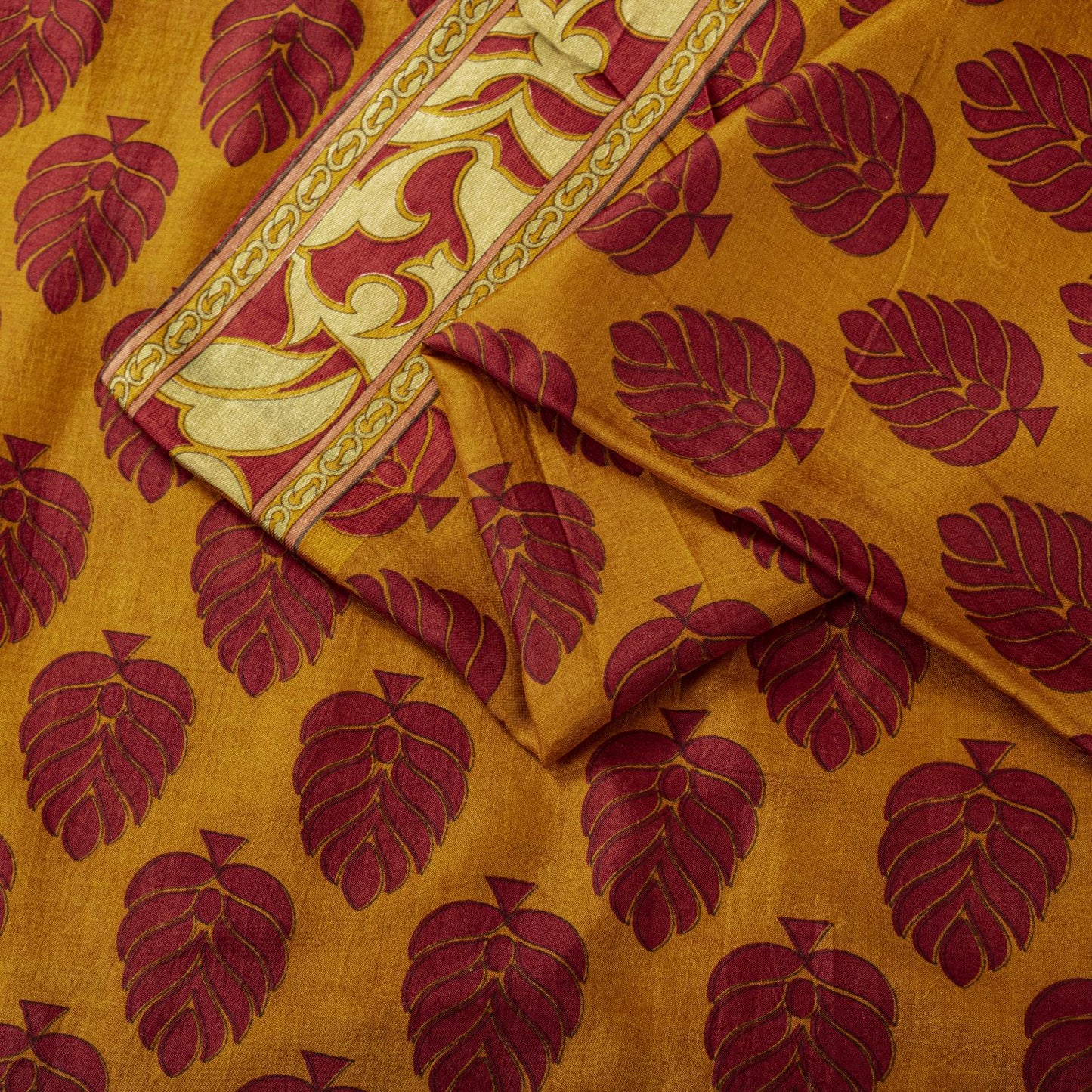 Sanskriti Vintage Saree Yellow Soft Pure Silk Block Printed Sari 5.5+Yd Fabric