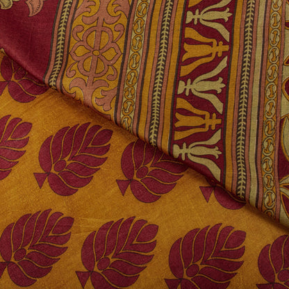 Sanskriti Vintage Saree Yellow Soft Pure Silk Block Printed Sari 5.5+Yd Fabric