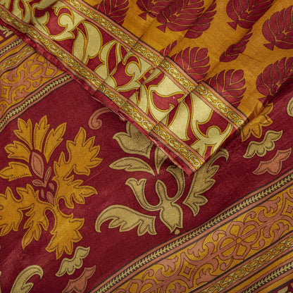 Sanskriti Vintage Saree Yellow Soft Pure Silk Block Printed Sari 5.5+Yd Fabric