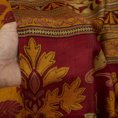 Sanskriti Vintage Saree Yellow Soft Pure Silk Block Printed Sari 5.5+Yd Fabric