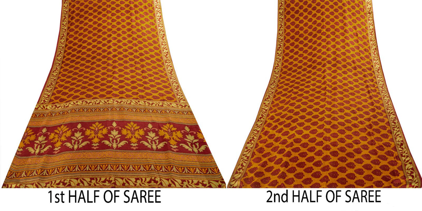 Sanskriti Vintage Saree Yellow Soft Pure Silk Block Printed Sari 5.5+Yd Fabric