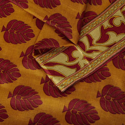 Sanskriti Vintage Saree Yellow Soft Pure Silk Block Printed Sari 5.5+Yd Fabric