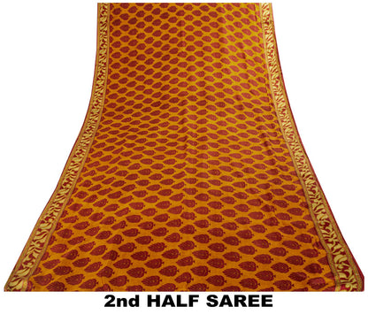 Sanskriti Vintage Saree Yellow Soft Pure Silk Block Printed Sari 5.5+Yd Fabric