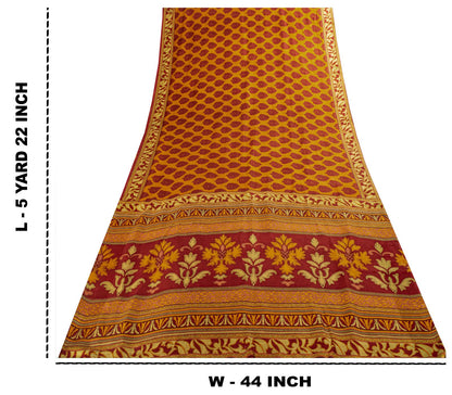 Sanskriti Vintage Saree Yellow Soft Pure Silk Block Printed Sari 5.5+Yd Fabric