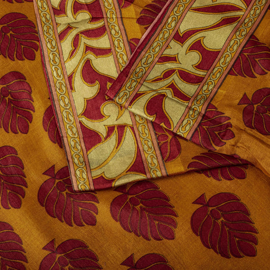 Sanskriti Vintage Saree Yellow Soft Pure Silk Block Printed Sari 5.5+Yd Fabric