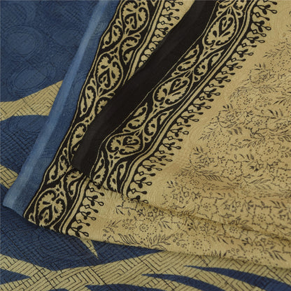 Sanskriti Vintage Sarees Cream Indian Pure Silk Printed Sari 5+yd Craft Fabric