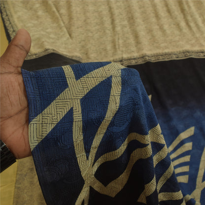 Sanskriti Vintage Sarees Cream Indian Pure Silk Printed Sari 5+yd Craft Fabric