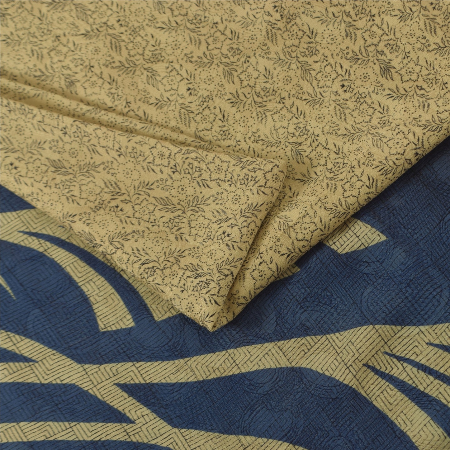 Sanskriti Vintage Sarees Cream Indian Pure Silk Printed Sari 5+yd Craft Fabric