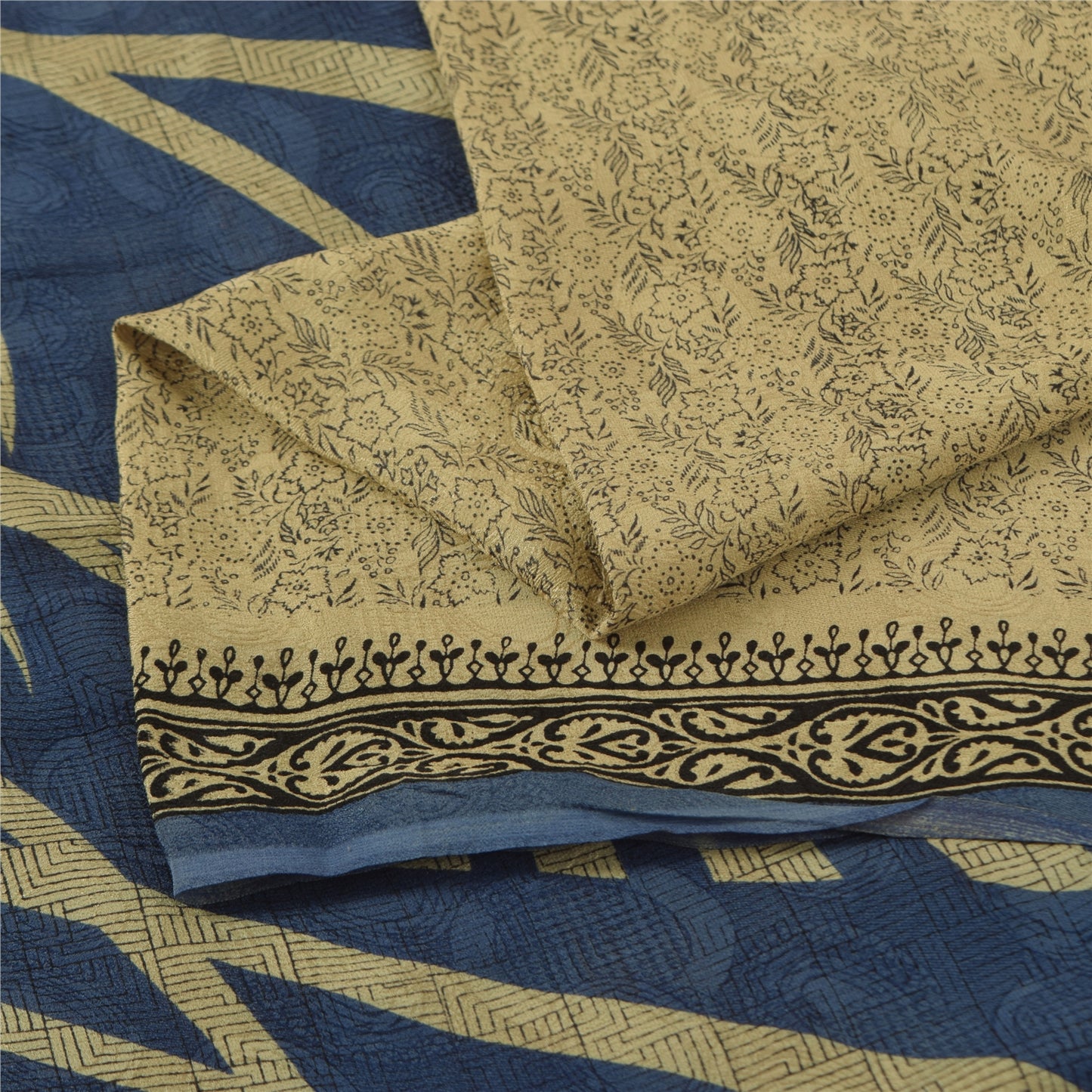 Sanskriti Vintage Sarees Cream Indian Pure Silk Printed Sari 5+yd Craft Fabric