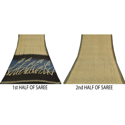 Sanskriti Vintage Sarees Cream Indian Pure Silk Printed Sari 5+yd Craft Fabric