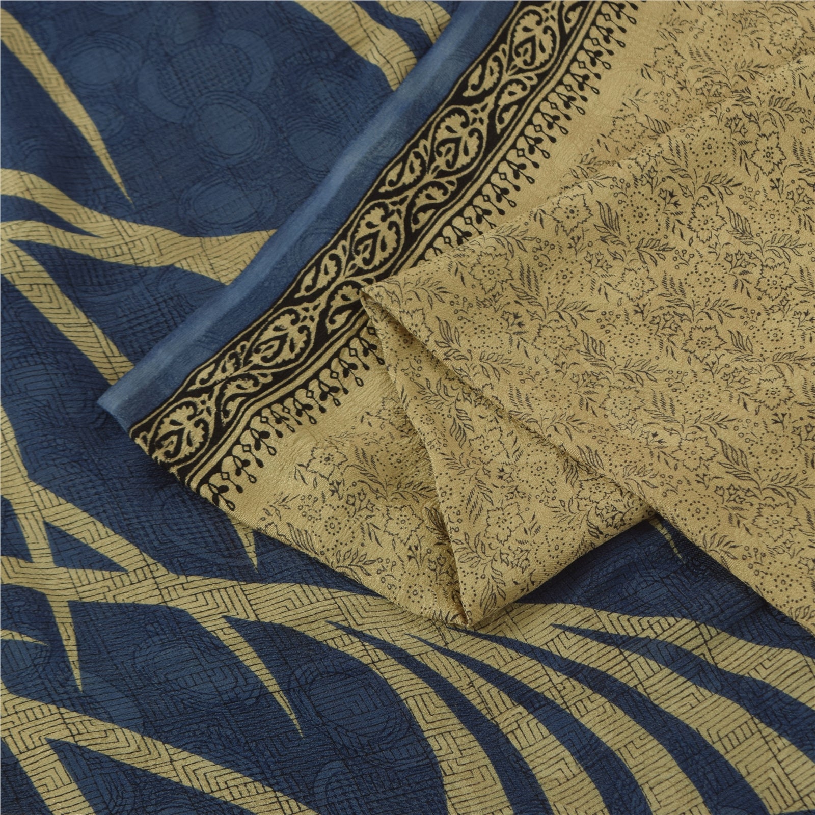 Sanskriti Vintage Sarees Cream Indian Pure Silk Printed Sari 5+yd Craft Fabric