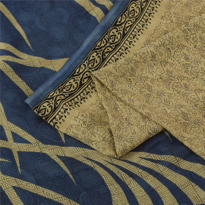 Sanskriti Vintage Sarees Cream Indian Pure Silk Printed Sari 5+yd Craft Fabric