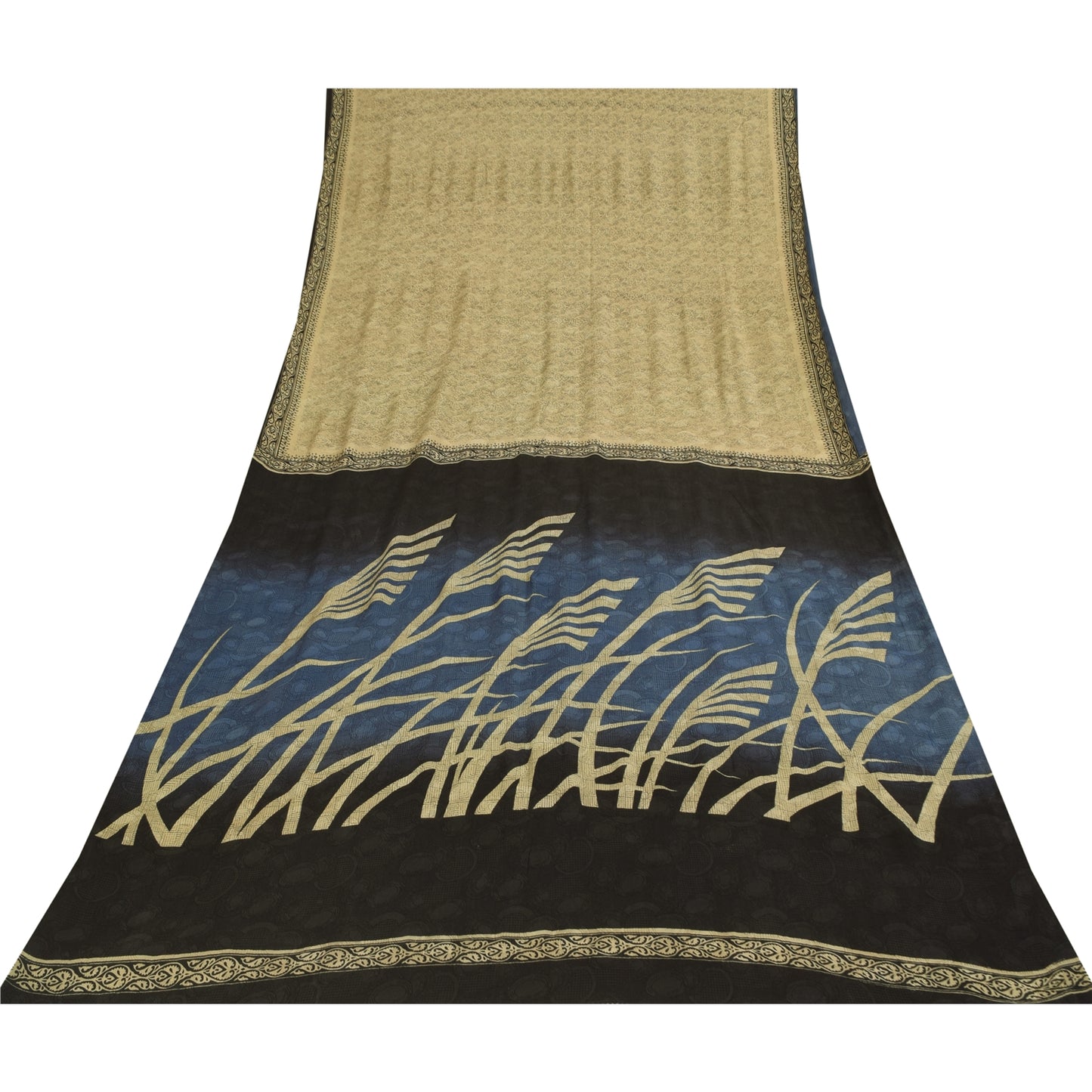 Sanskriti Vintage Sarees Cream Indian Pure Silk Printed Sari 5+yd Craft Fabric