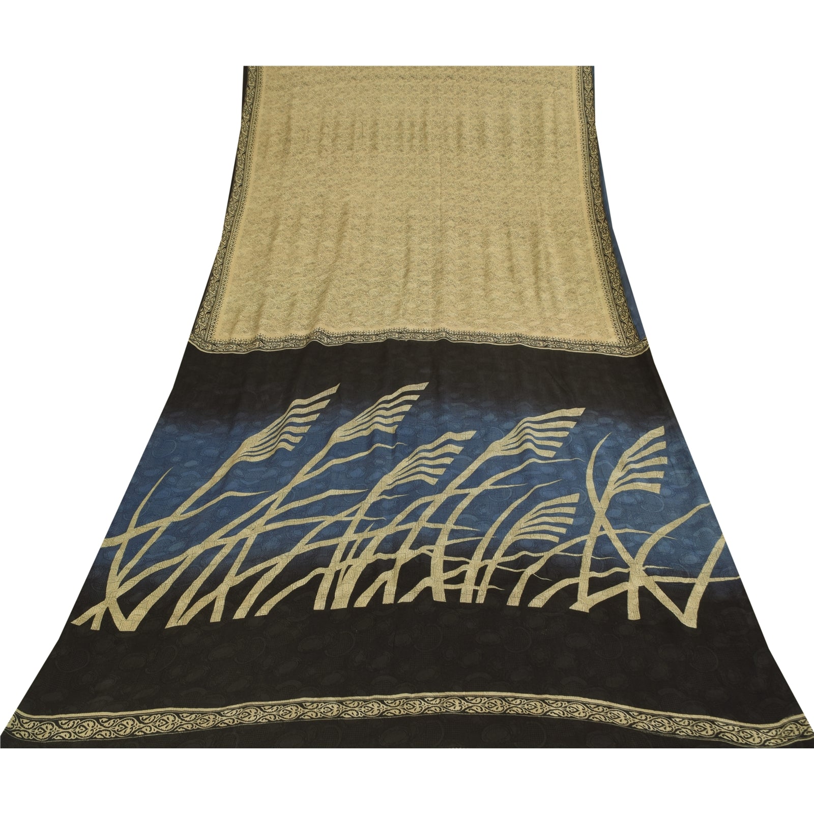 Sanskriti Vintage Sarees Cream Indian Pure Silk Printed Sari 5+yd Craft Fabric