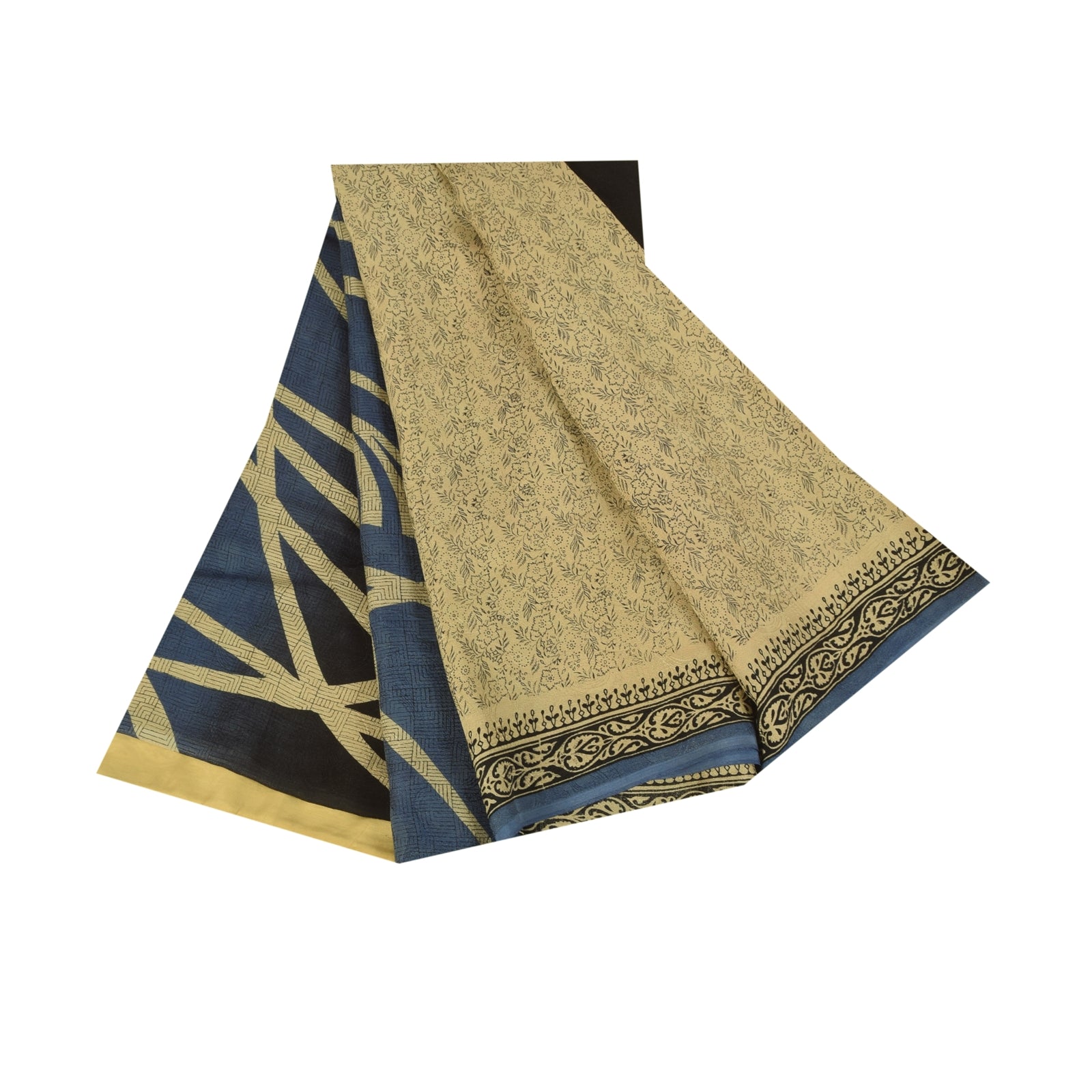 Sanskriti Vintage Sarees Cream Indian Pure Silk Printed Sari 5+yd Craft Fabric