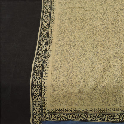 Sanskriti Vintage Sarees Cream Indian Pure Silk Printed Sari 5+yd Craft Fabric