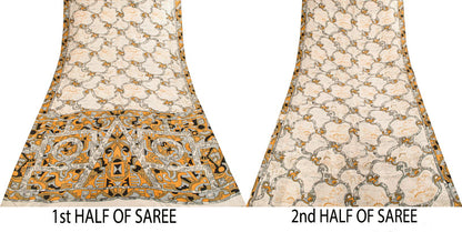 Sanskriti Vintage Saree White Pure Silk Abstract Geometric Print Sari 5Yd Fabric
