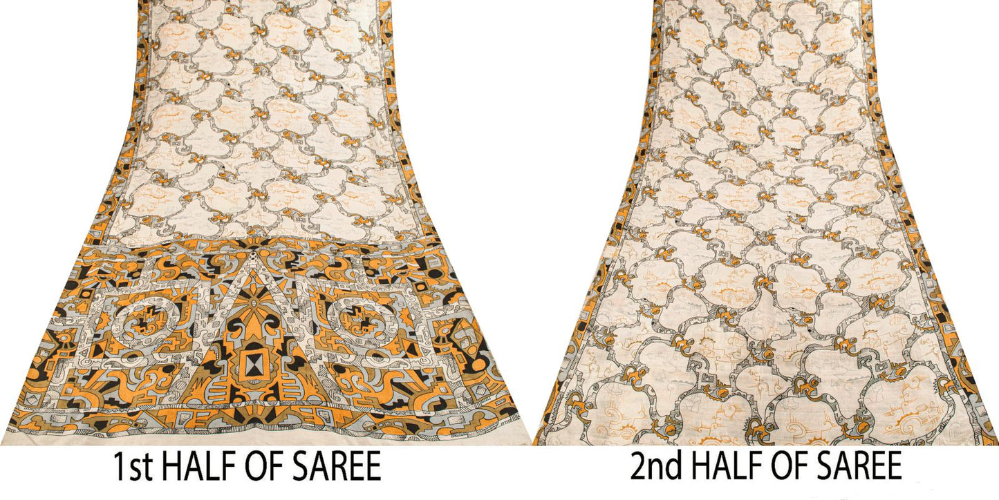 Sanskriti Vintage Saree White Pure Silk Abstract Geometric Print Sari 5Yd Fabric