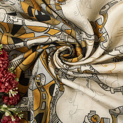 Sanskriti Vintage Saree White Pure Silk Abstract Geometric Print Sari 5Yd Fabric