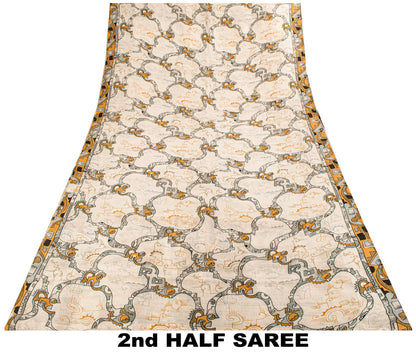 Sanskriti Vintage Saree White Pure Silk Abstract Geometric Print Sari 5Yd Fabric