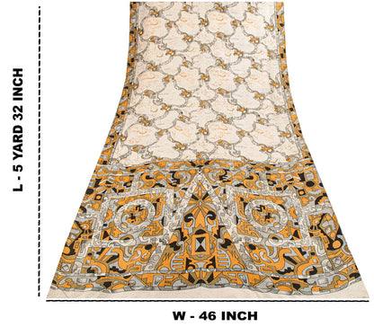 Sanskriti Vintage Saree White Pure Silk Abstract Geometric Print Sari 5Yd Fabric