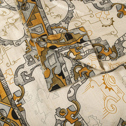 Sanskriti Vintage Saree White Pure Silk Abstract Geometric Print Sari 5Yd Fabric
