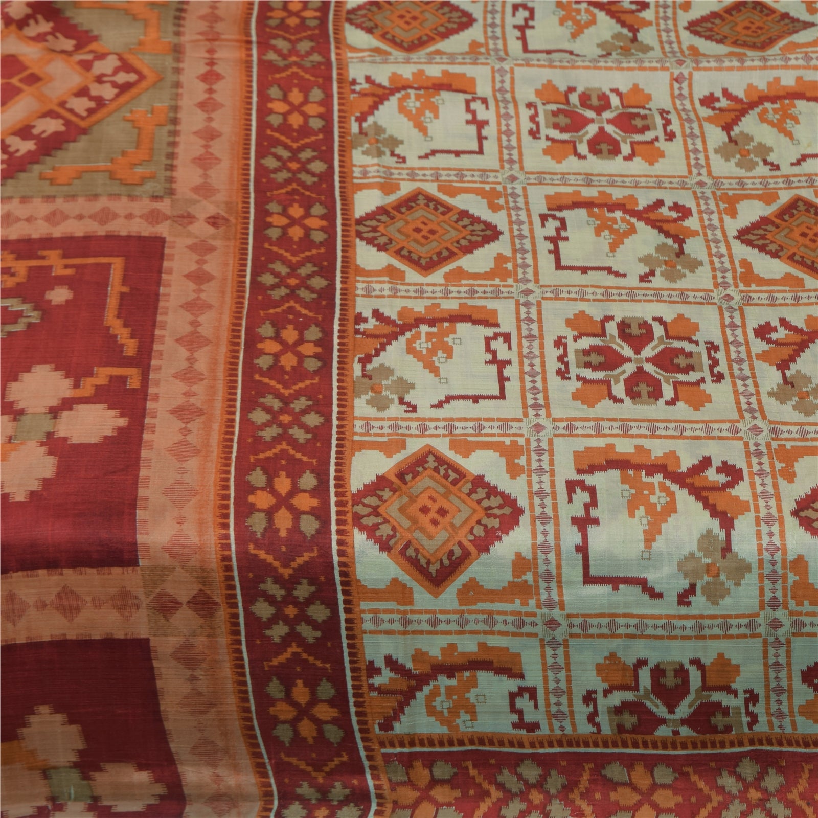 Sanskriti Vintage Sarees Ivory Indian Pure Silk Printed Sari 5+yd Craft Fabric