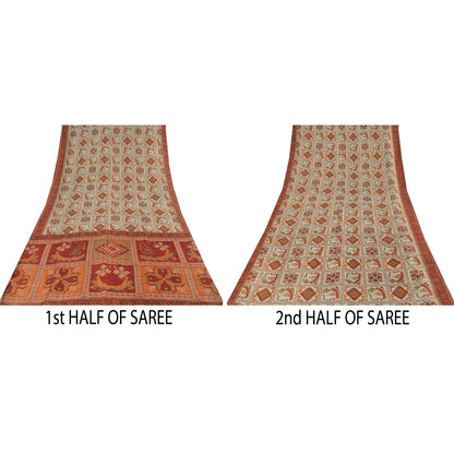 Sanskriti Vintage Sarees Ivory Indian Pure Silk Printed Sari 5+yd Craft Fabric