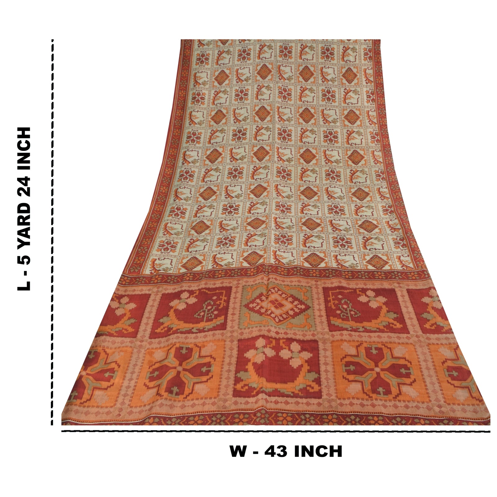 Sanskriti Vintage Sarees Ivory Indian Pure Silk Printed Sari 5+yd Craft Fabric