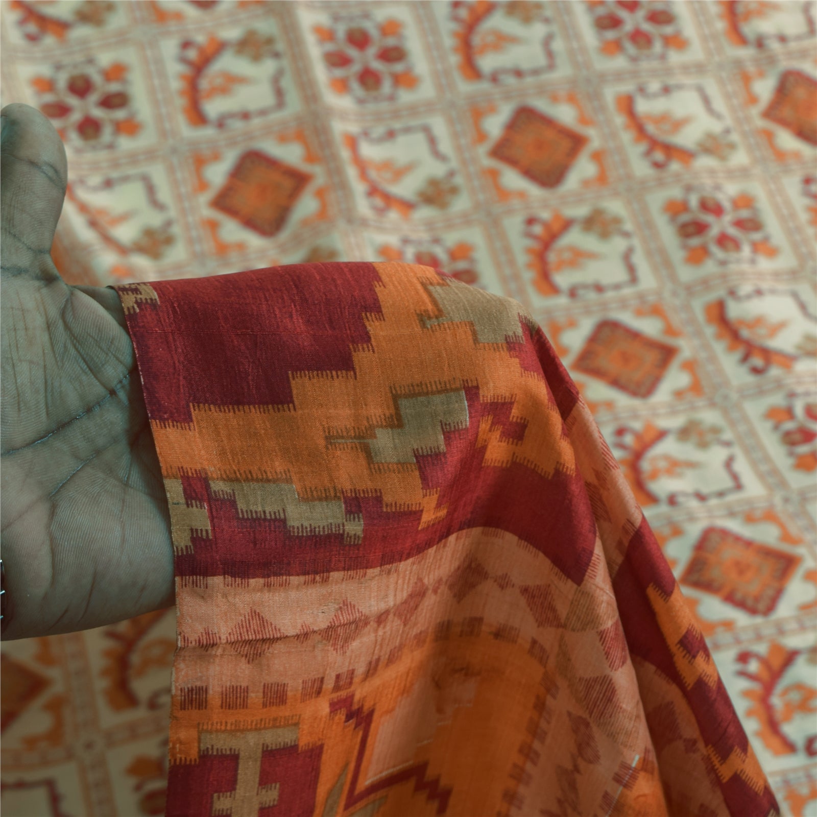 Sanskriti Vintage Sarees Ivory Indian Pure Silk Printed Sari 5+yd Craft Fabric