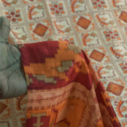 Sanskriti Vintage Sarees Ivory Indian Pure Silk Printed Sari 5+yd Craft Fabric