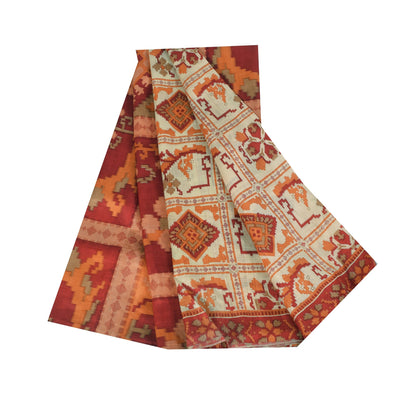 Sanskriti Vintage Sarees Ivory Indian Pure Silk Printed Sari 5+yd Craft Fabric