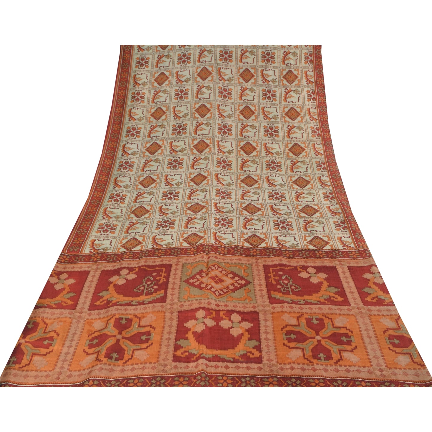 Sanskriti Vintage Sarees Ivory Indian Pure Silk Printed Sari 5+yd Craft Fabric