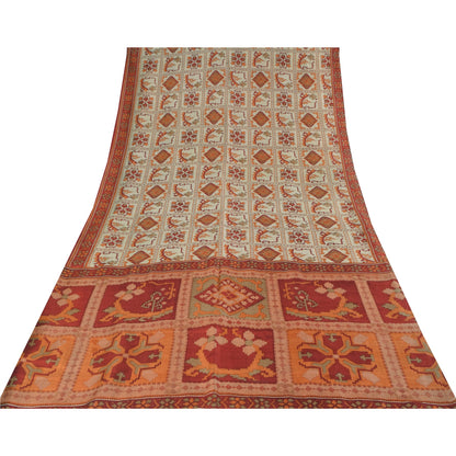 Sanskriti Vintage Sarees Ivory Indian Pure Silk Printed Sari 5+yd Craft Fabric