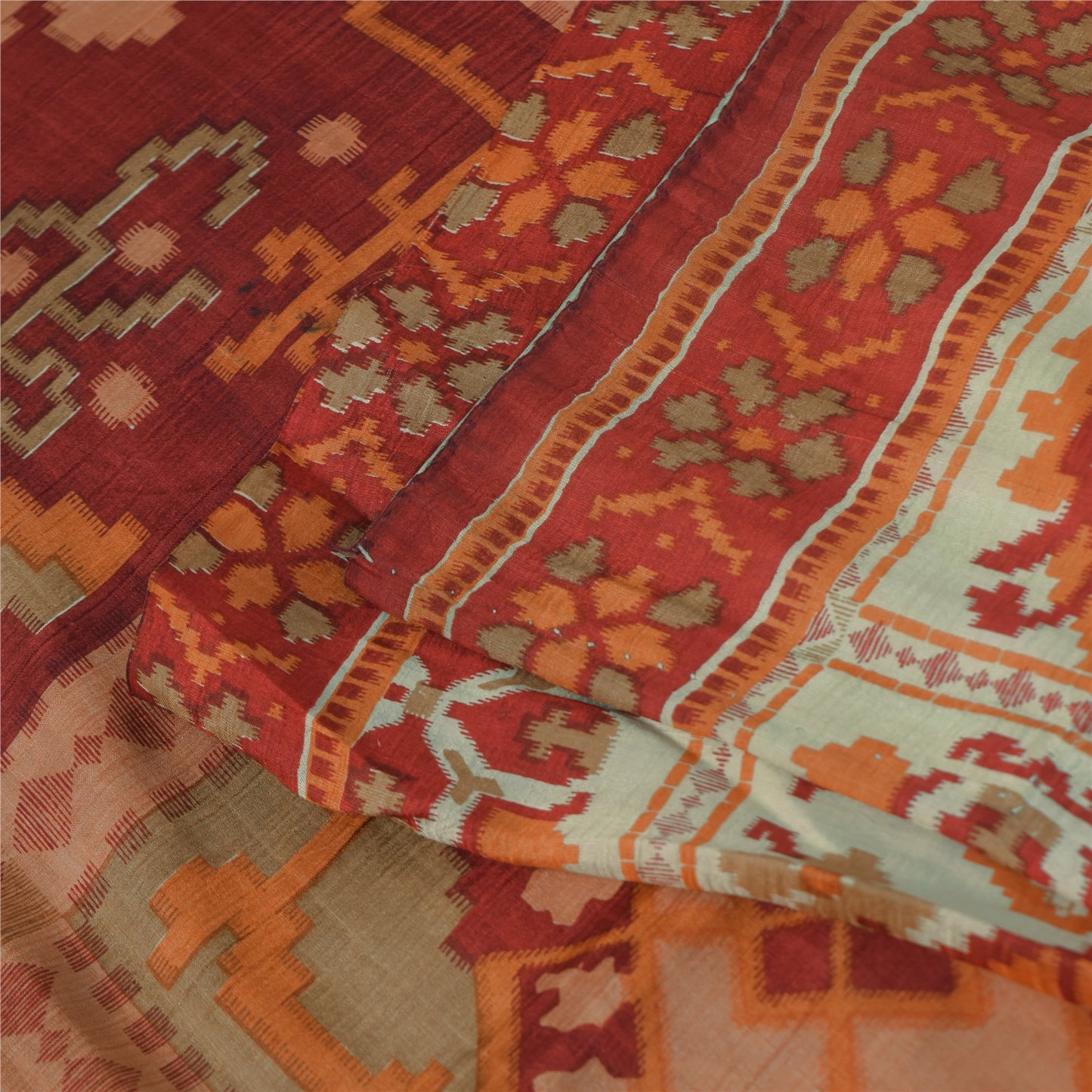 Sanskriti Vintage Sarees Ivory Indian Pure Silk Printed Sari 5+yd Craft Fabric