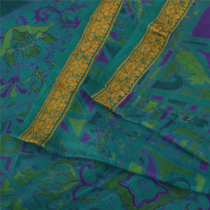 Sanskriti Vintage Sarees Blue Zari Border Pure Silk Print Sari 6yd Craft Fabric