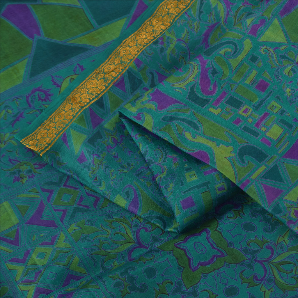 Sanskriti Vintage Sarees Blue Zari Border Pure Silk Print Sari 6yd Craft Fabric