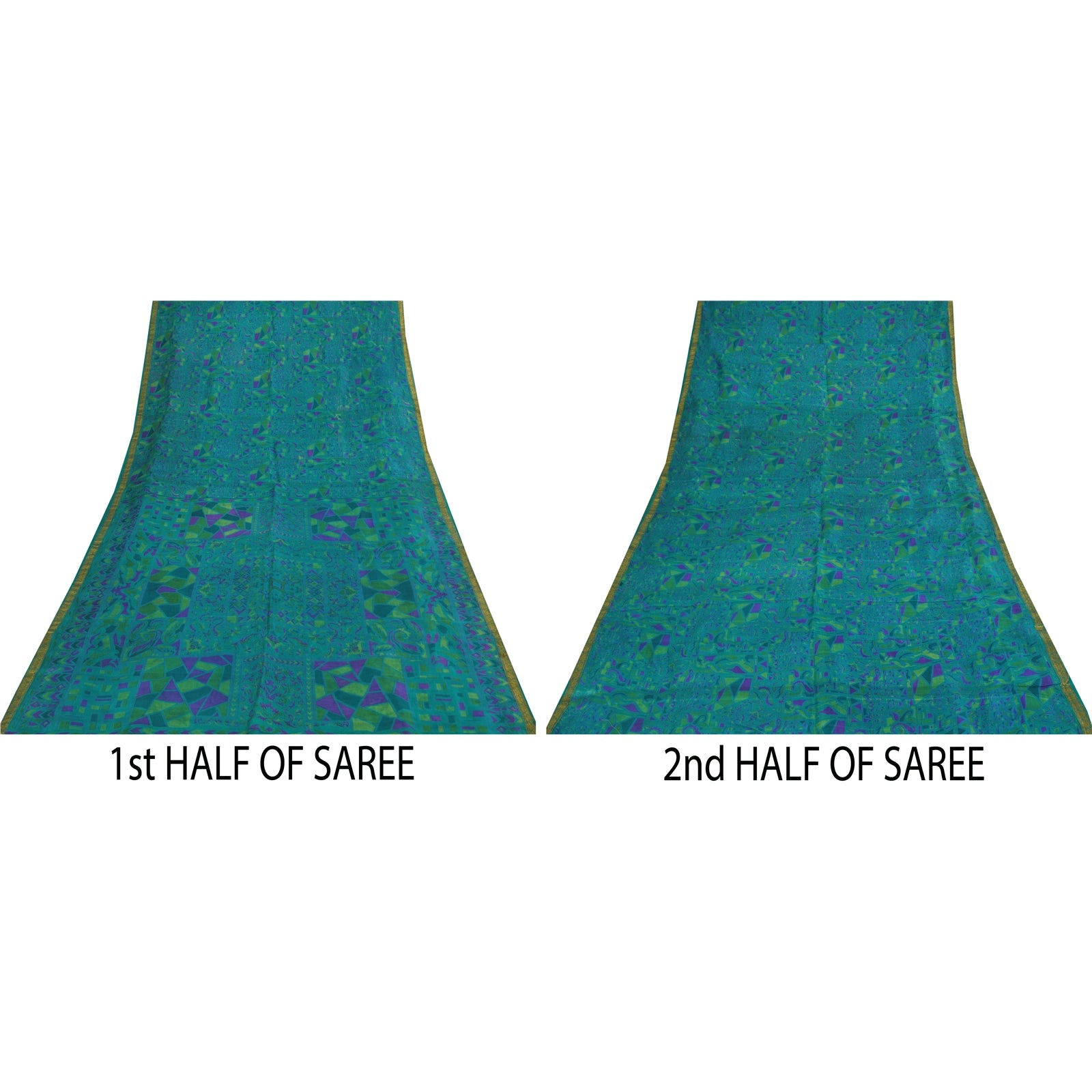 Sanskriti Vintage Sarees Blue Zari Border Pure Silk Print Sari 6yd Craft Fabric