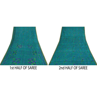 Sanskriti Vintage Sarees Blue Zari Border Pure Silk Print Sari 6yd Craft Fabric