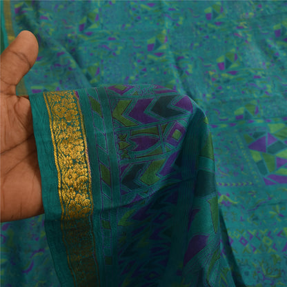 Sanskriti Vintage Sarees Blue Zari Border Pure Silk Print Sari 6yd Craft Fabric